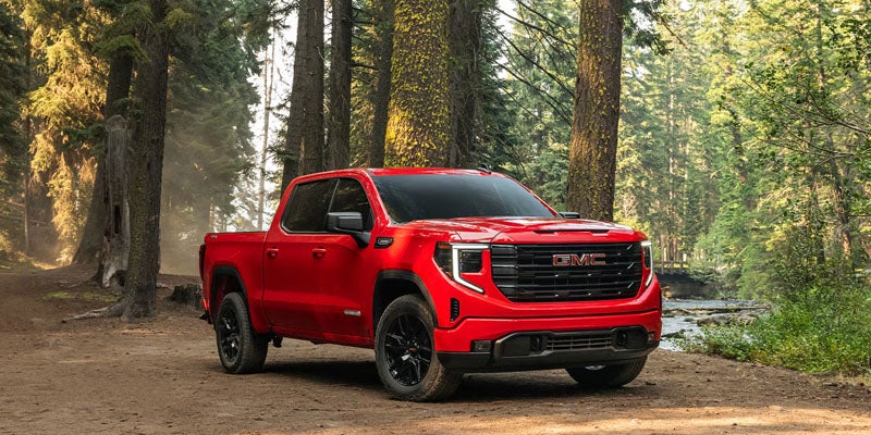 GMC Sierra 1500 pickup truck parked in forest trail setting